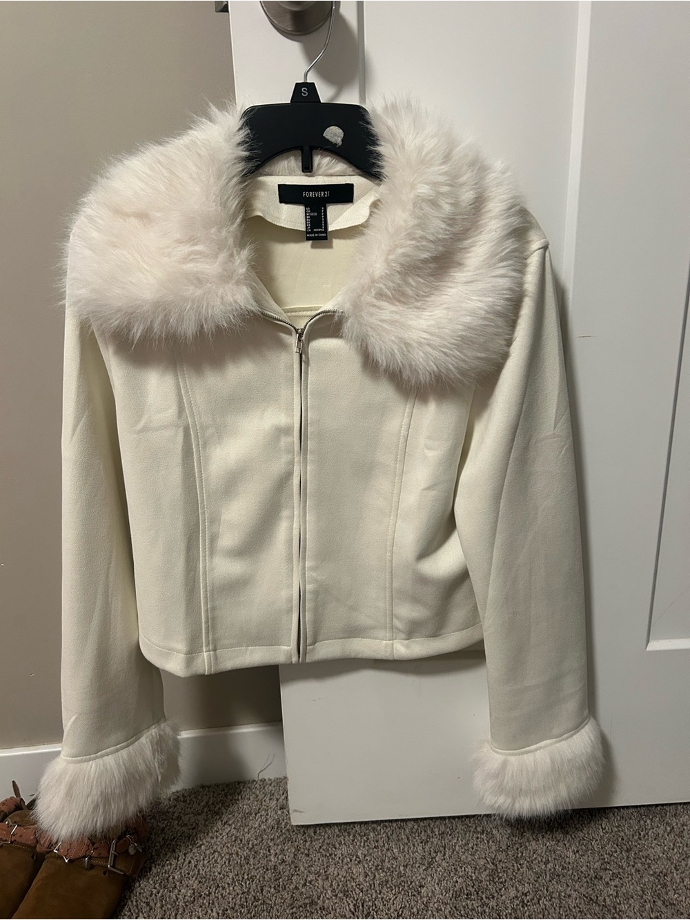 Forever 21 Ivory Faux-Fur Trim Teddy Jacket